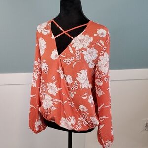 Studio By Bobeau Faux Wrap Top Coral Florals M
